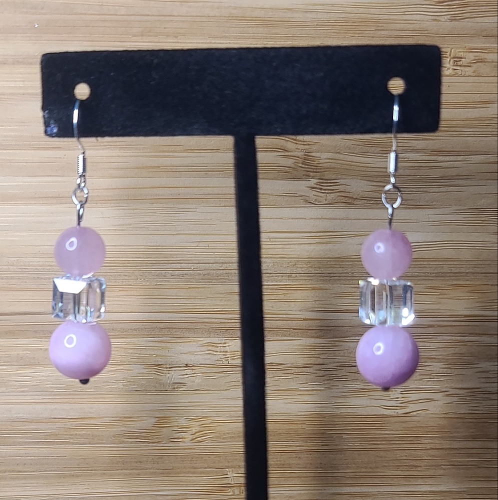 Elegant Pink Jade and Swarovzki Crystal Dangle Earrings